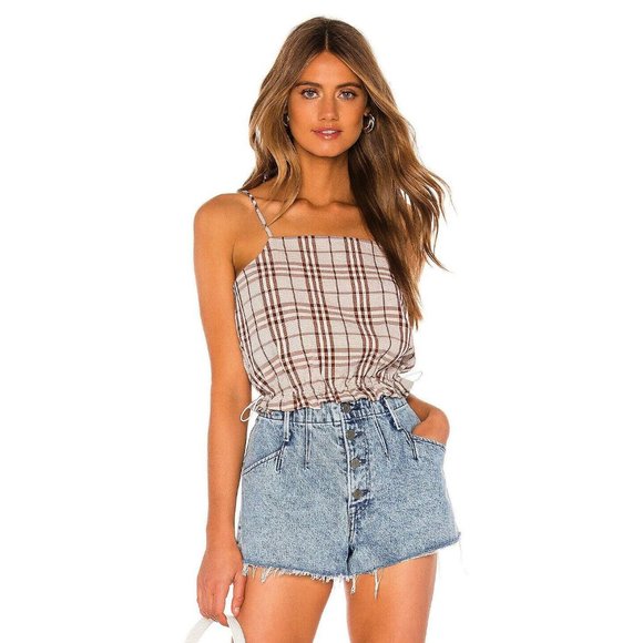 L'Academie Tops - L' Academie Crop Top Jane Brown Plaid Crepe Ruffle Spaghetti Strap X Revolve S